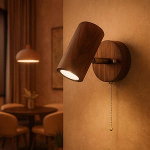 Modern vägglampa i valnötsträ: Justerbar LED-lampa, dragkedja