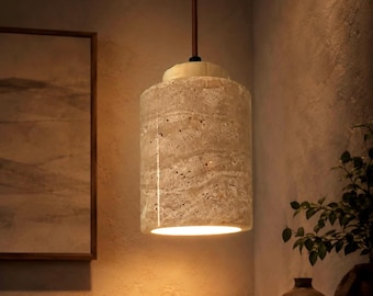 Travertine Pendant Light, Wabi Sabi Stone Lamp, Minimalist Japandi Lighting