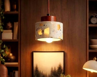 Terrazzo Wood Pendant Light, Minimalist Scandinavian Hanging Lamp, Modern Kitchen Island Decor