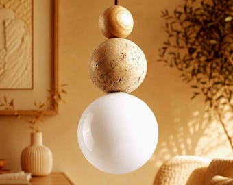 Lámpara colgante LED de piedra natural y madera – Lámpara moderna escandinava