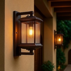 Puede incluir: Una lámpara de pared exterior de bronce con una carcasa rectangular de vidrio estriado. La lámpara tiene una bombilla cálida y brillante y está montada en un soporte marrón oscuro. Otra lámpara es visible en el fondo.