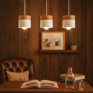 Könnte beinhalten: Drei Pendelleuchten mit Holz- und weißem Finish hängen über einem Holztisch. Ein gerahmtes Bild und eine kleine Topfpflanze stehen auf einem Regal. Ein Ledersessel und ein offenes Buch sind ebenfalls zu sehen.