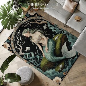 Mermaid Medieval Aesthetic Meets Botanical Rug with Whimsical Cottagecore Decor and Mystical Enchanted Forest Bedroom Style