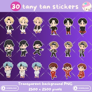 Könnte beinhalten: Ein Bogen mit 30 "tany tan stickers" mit Cartoon-Illustrationen von Personen in verschiedenen Outfits. Die Aufkleber befinden sich auf einem lila Hintergrund mit dem Text "Transparent background PNG" und 2500 x 2500 Pixeln.
