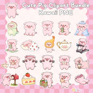 Puede incluir: Colección de lindos dibujos de cerdos rosas en varias poses. Los cerdos se representan con diferentes expresiones y accesorios, incluyendo dinero, una tetera y un pastel. El texto en la parte superior dice "Cute Pig Clipart Bundle Kawaii PNG".