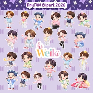 Puede incluir: Una colección de imágenes prediseñadas de TinyTAN con figuras de dibujos animados en varias poses, algunas sosteniendo micrófonos o corazones. Las figuras visten atuendos coloridos, con el texto "TinyTAN Clipart 2026" en la parte superior y "hi Weiki" en el centro.