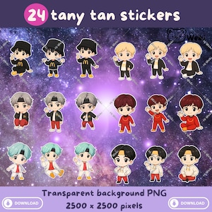 Puede incluir: Una hoja de 24 pegatinas con personajes de dibujos animados con diferentes atuendos, sobre un fondo púrpura estrellado. Las pegatinas tienen un fondo transparente y el texto "24 tany tan stickers" está en la parte superior. La imagen también incluye el texto "Transparent background PNG 2500 x 2500 pixels".