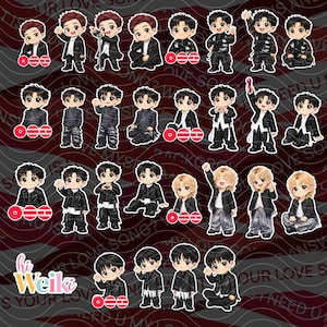 Puede incluir: Una hoja de pegatinas con ilustraciones de dibujos animados de personas en varias poses y atuendos. Las pegatinas son de varios colores, incluyendo negro, blanco y rojo. El fondo tiene un patrón de rayas rojas y blancas con texto.