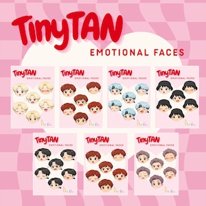 May include: Pink background with the text "TinyTAN EMOTIONAL FACES" above six cards. Each card features cartoon faces with different hairstyles and expressions. The cards are labeled "TinyTAN" and "EMOTIONAL FACES".