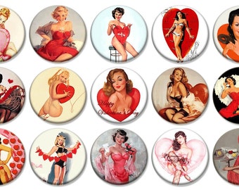 1" - VALENTINE PIN-UP Girls -  Lot of 15 Buttons - Pin Back Button Badge