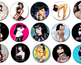 1" - BETTIE PAGE - Set 1 - Lot of 15 Buttons - Pin Back Button Badge