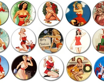 1" - CHRISTMAS PIN-UP Girls -  Lot of 15 Buttons - Pin Back Button Badge