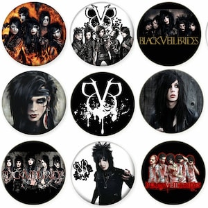 May include: A set of 12 Black Veil Brides band buttons featuring various images of the band members and the band's logo. The buttons are round and have a white background with black borders.