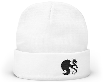 Embroidered Dragon Knit Beanie | Cotton-Acrylic Blend Winter Hat