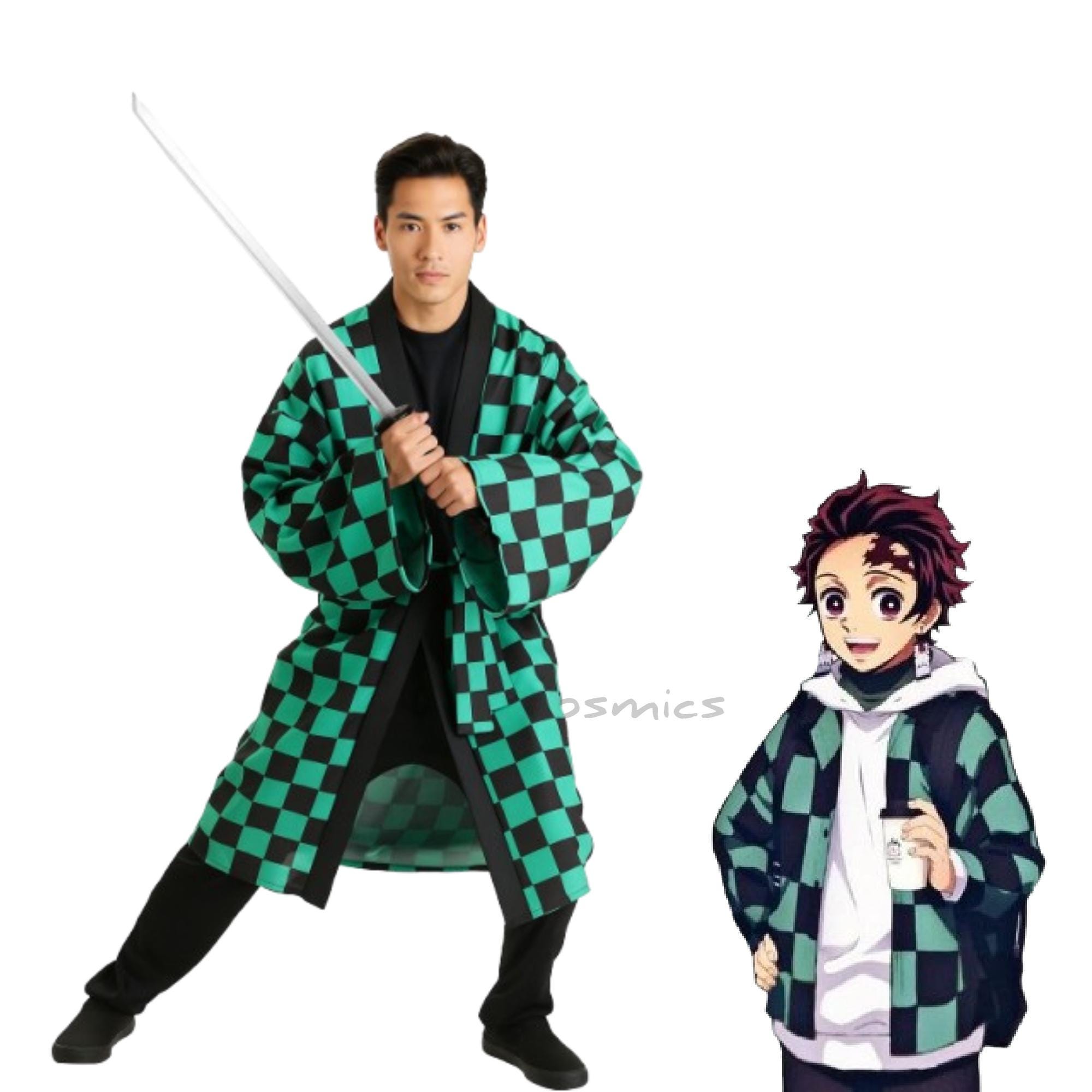 Kimetsu No Yaiba Kamado Tanjirou Cosplay-Kostüm – Kimono-Cardigan Mit Ohrringen & Gürtel, Größe Wählbar
