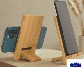 Soporte de madera de bambú para teléfono: soporte ajustable para smartphone de escritorio