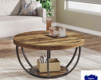 Mesa de centro industrial redonda de madera rústica y metal negro. Mesa de centro moderna de estilo rústico para sala de estar. Muebles para el hogar.
