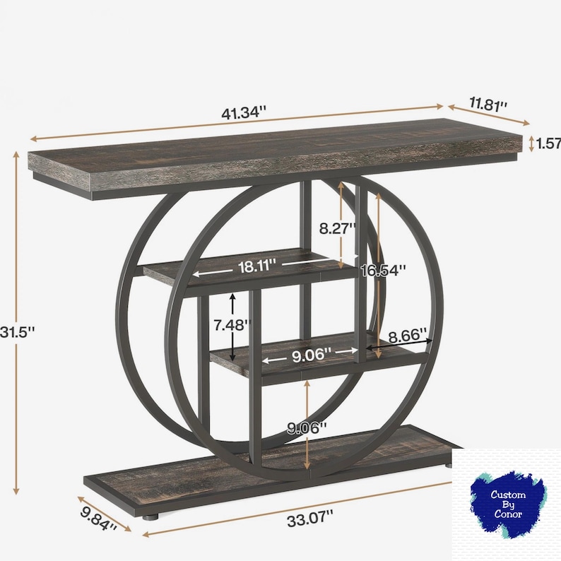 Peut inclure: Une console marron fonc&eacute; avec un design circulaire unique. La table a un plateau rectangulaire (105 cm de long, 30 cm de large) et une base (84 cm de long, 25 cm de large). Elle comporte trois &eacute;tag&egrave;res et un cadre en m&eacute;tal. La hauteur totale est de 80 cm.