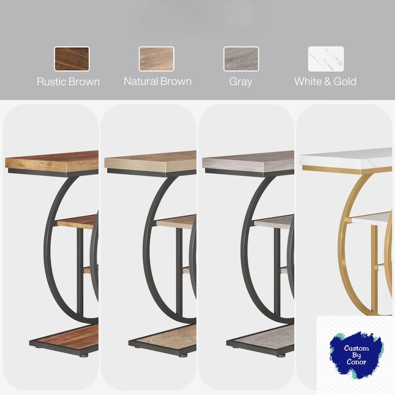 Peut inclure: Pr&eacute;sentation de tables d'appoint en brun rustique, brun naturel, gris et blanc et or. Chaque table a une structure en m&eacute;tal noir incurv&eacute;e, un plateau, une &eacute;tag&egrave;re et une base. Id&eacute;al pour la d&eacute;coration int&eacute;rieure.