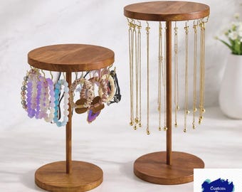Expositor de joyas de madera maciza, organizador minimalista para collares y pulseras, ideal para tocador o boutique.