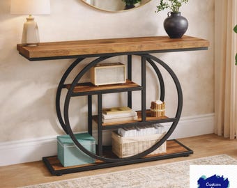 Consola rústica industrial de madera y metal para entrada con estantes, mueble moderno para pasillo.