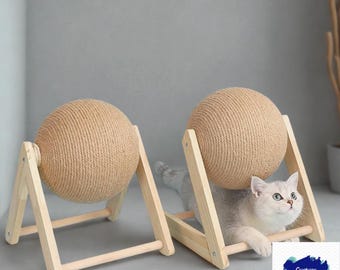 Pelota rascador para gatos de cuerda de sisal: base de madera, juego interactivo.