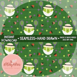 May include: A seamless, hand-drawn pattern featuring cartoon tennis ball characters wearing hats and tennis whites, interspersed with strawberries, tennis rackets, and tennis balls on a green background. The image includes the text "INSTANT DOWNLOAD" and "SEAMLESS HAND DRAWN".