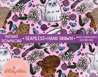 Gatos fofos desenhados à mão, padrão sem emendas, 300 DPI, PNG, download digital instantâneo, animais fofos para amantes de gatos, margaridas, padrão de superfície repetido