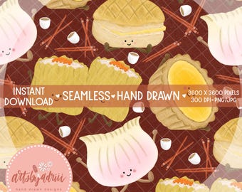 Cute Yum Cha Dim Sum Delight Hand Drawn Seamless Pattern 300 DPI PNG Instant Digital Download Hargow Siu Mai Egg Tart Foodie Surface Pattern
