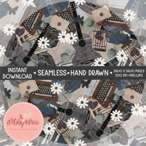 Puede incluir: Un diseño digital sin costuras, dibujado a mano, con guitarras, máquinas de escribir, sobres, mariposas y margaritas en un estilo collage. La paleta de colores incluye tonos de gris, marrón y azul. Se incluye el texto "INSTANT DOWNLOAD" y "SEAMLESS HAND DRAWN".