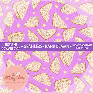 Puede incluir: Patrón sin costuras dibujado a mano con rebanadas de tostadas cubiertas de chispas de colores, sobre un fondo lavanda con acentos de estrellas. El diseño incluye el texto "INSTANT DOWNLOAD" y "SEAMLESS HAND DRAWN".
