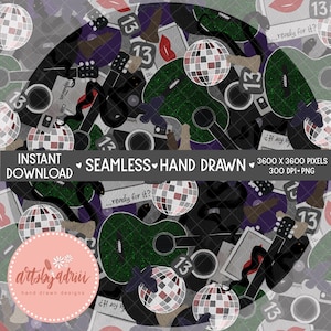 May include: A seamless, hand-drawn digital design featuring guitars, disco balls, cameras, and the number 13. The design includes the text "Instant Download" and "Seamless Hand Drawn". The color palette includes black, green, purple, and pink.