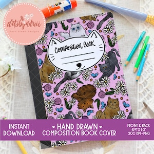 May include: A composition book cover with a cat-shaped design and the words "Composition Book." The cover features a pink background with cat illustrations, flowers, and butterflies. The cover measures 17.5 x 25.4 cm.