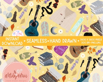 All Eras Inspired Hand Drawn Seamless Pattern 300 DPI PNG JPG Instant Digital Download Cute Pop Star Music Yellow Repeating Surface Pattern