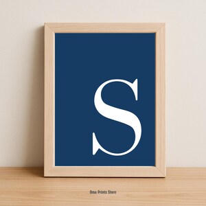 Letter S Poster, Navy Dorm Room Decor, S Initial Name Print, Navy Blue and White, Nursery Letter Print, Preppy Room Decor, Alphabet Print