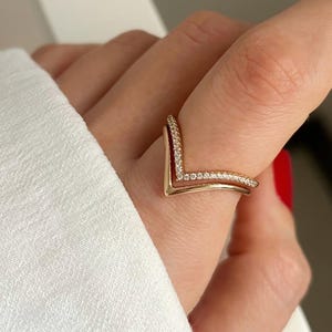14k Solid Gold Curved Wedding Ring Chevron Diamond Ring V Shaped Ring Enhancer for Pear Tiara Wedding Band Stackable Ring Anniversary Gift.
