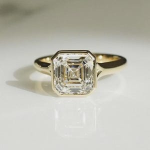 2 CT Asscher Cut Ring, Bezel Set Split Shank Asscher Cut Moissanite Engagement Ring, 14K Gold Wedding Ring, D-VVS1 Step Cut Diamond Ring.