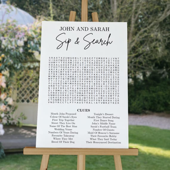 Personalised Minimalist Wedding Wordsearch Wet Erase Board | Sip & Search Wordsearch | Custom Wedding Puzzles | Wedding Sign | Wedding Games