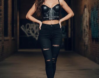 Black Genuine Leather Bustier Crop Top | Strapless Zip Front Corset