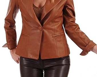 Women's Brown Genuine Lambskin Leather Blazer Three Button Formal Wear Suit