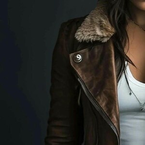 Puede incluir: Chaqueta de cuero marr&oacute;n con cuello de piel sint&eacute;tica y cremallera plateada. La chaqueta tiene un detalle de bot&oacute;n en el hombro y se usa sobre una camiseta sin mangas blanca. La est&eacute;tica general es casual y elegante.