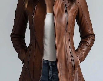 Chaqueta vintage de piel auténtica con cuello alto para mujer