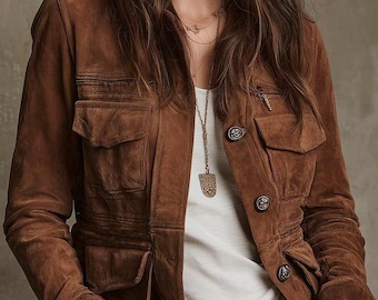 Women’s Tan Brown Suede Leather Button Downed Coat