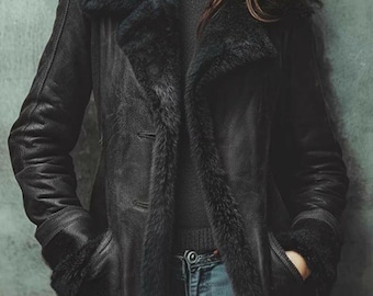 Women’s Shearling Leather Coat – Vintage Black Sheepskin Jacket with Fur Lining