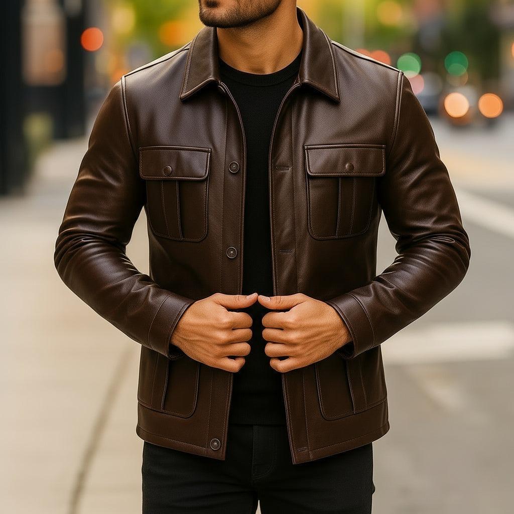Men's Black Genuine Leather Field Jacket | Four-pocket Utility