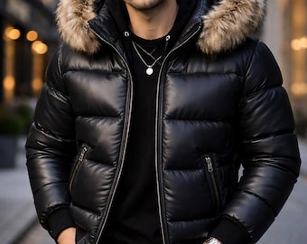 Men’s Black Leather Puffer Jacket with Fur Hood – Winter Streetwear Coat