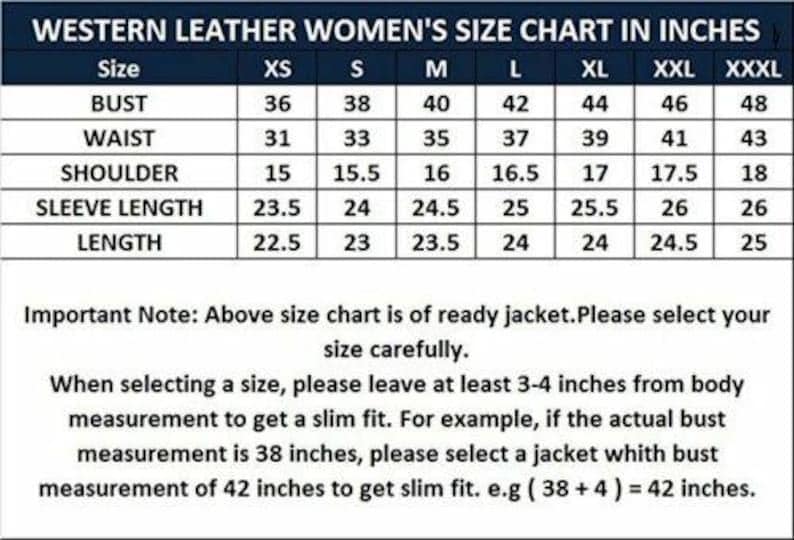 Puede incluir: Tabla de tallas para chaquetas de cuero estilo western, con medidas en pulgadas. La tabla incluye tallas de XS a XXXL, con medidas de busto, cintura, hombros, largo de manga y largo de chaqueta. Incluye una nota sobre la selecci&oacute;n de la talla correcta para un ajuste entallado.