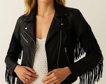 Women's Black soft Lambskin Fringe Leather Jacket