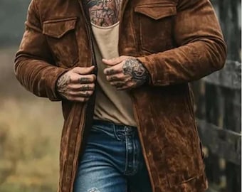Abrigo de ante genuino hecho a mano para hombre, chaqueta vaquera vintage marrón