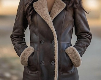 Damen Handgefertigter Echter Schaffell Lammfell Mantel Braun Leder Zweireihiger Trenchcoat